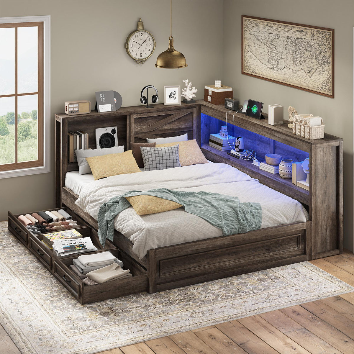 storage corner bed frame bookcase headboard led - Temu