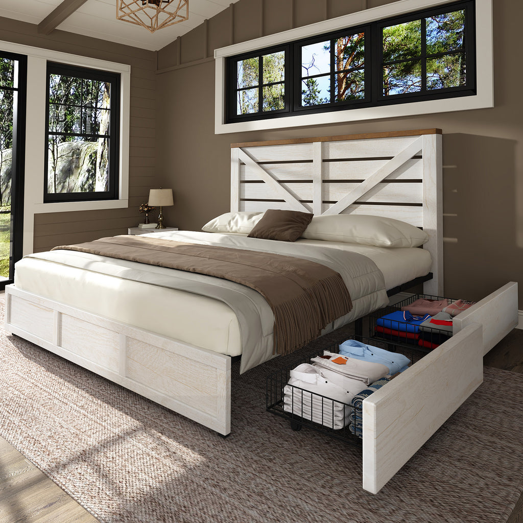 farmhouse bed frame 4 storage drawers rustic vintage mdf - Temu
