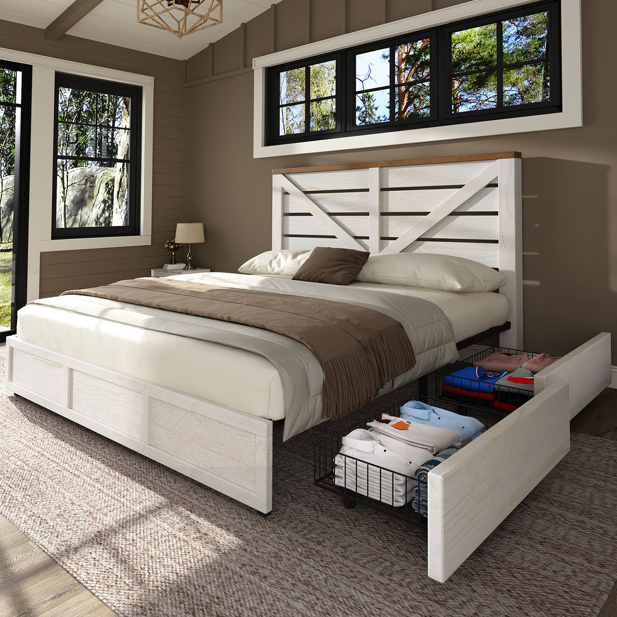 farmhouse bed frame 4 storage drawers rustic vintage mdf - Temu