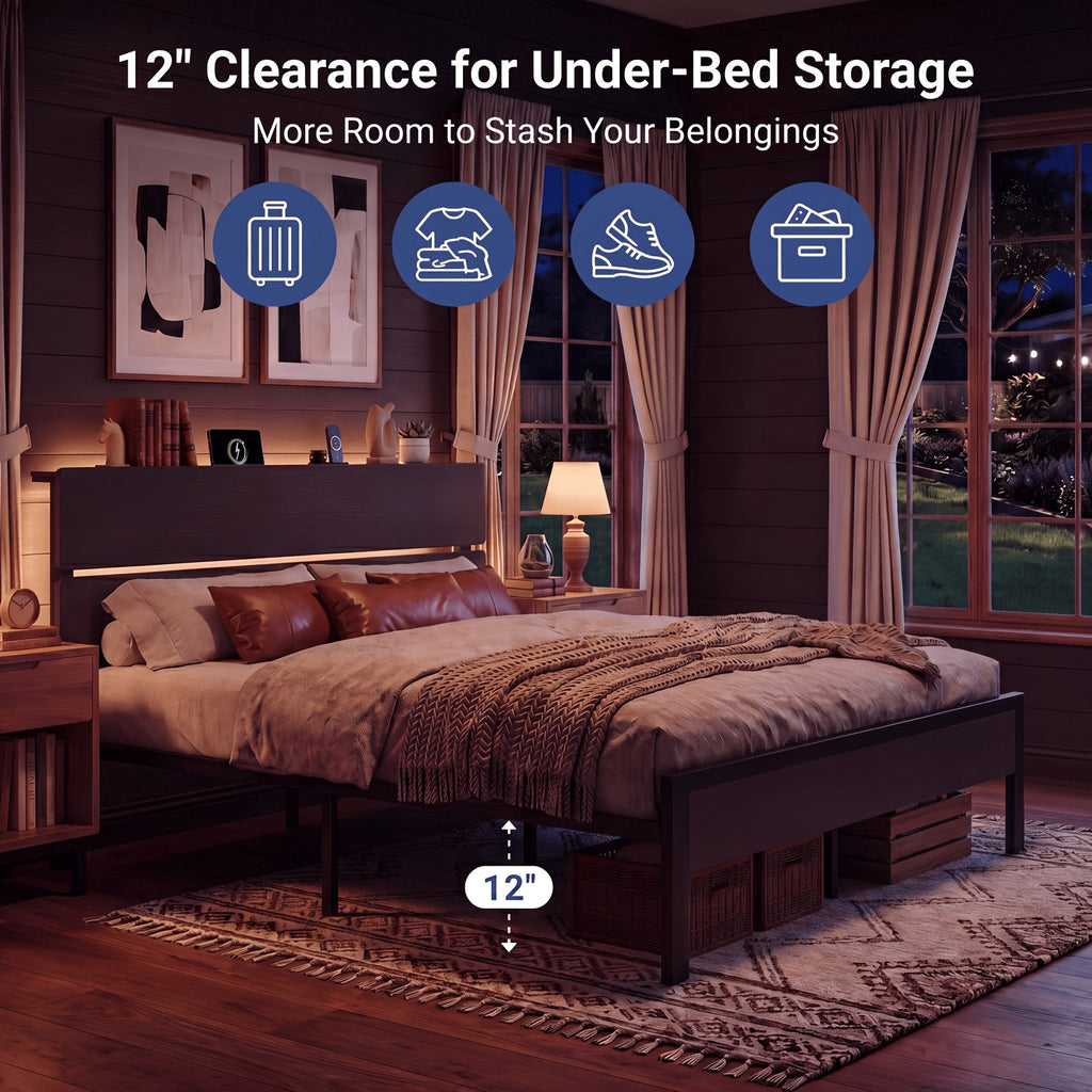 platform bed frame led lights charging station wooden - Temu