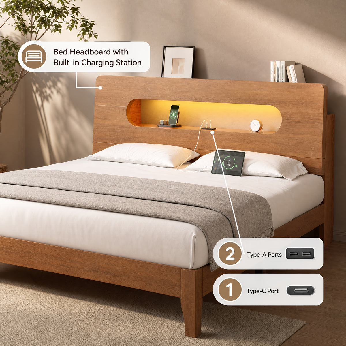 led bed frame usb charging storage shelf solid wood platform - Temu