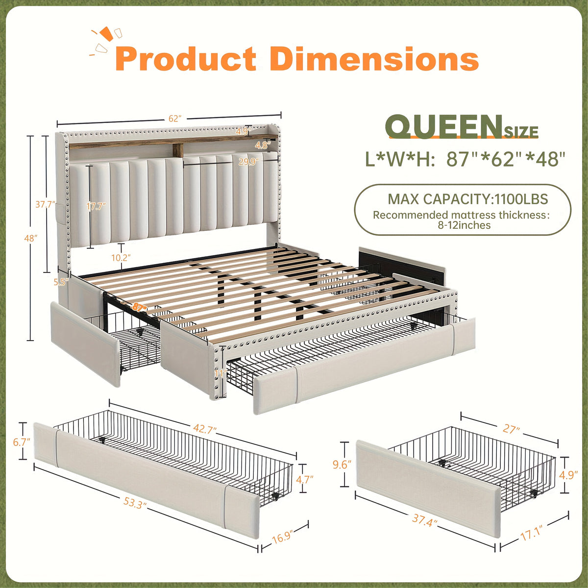 king size upholstered storage bed 3 drawers 2 tier - Temu