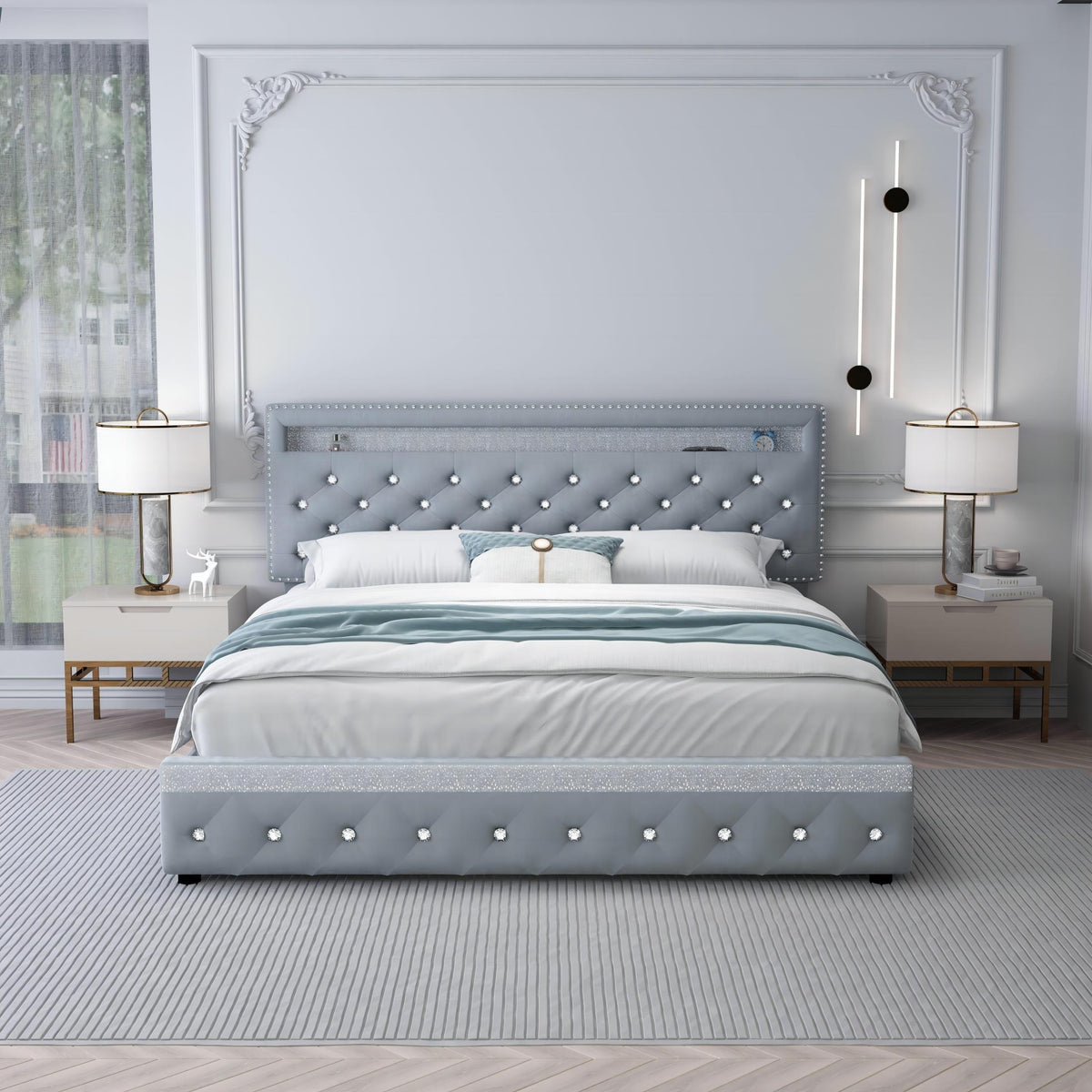 queen size bed frame led lights upholstered bed - Temu