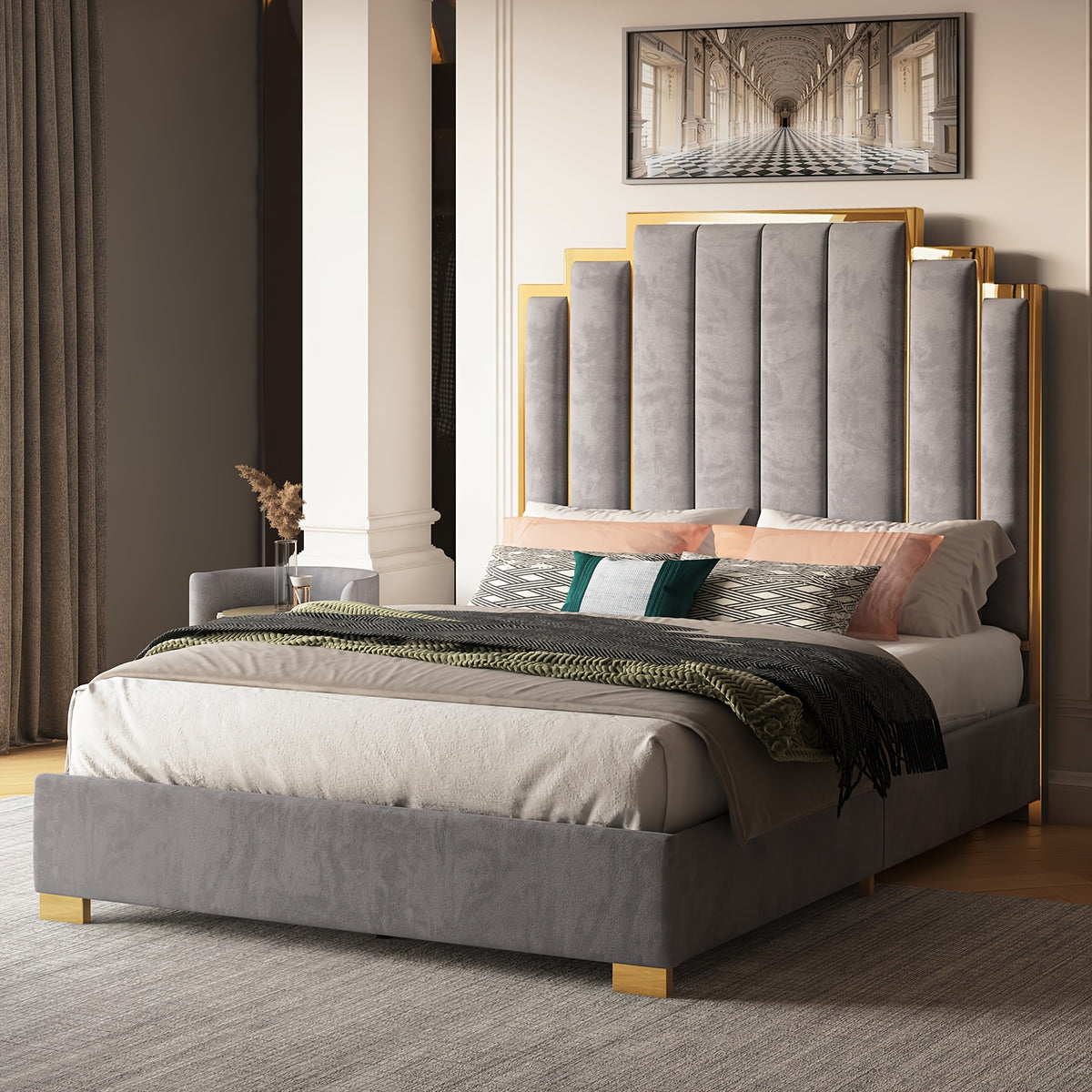 a platform bed frame measuring 65 inches featuring a velvet - Temu