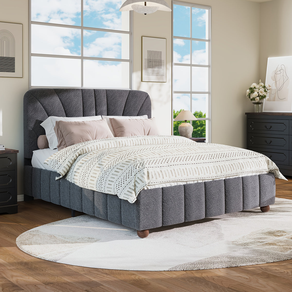 queen size boucle bed frame grey upholstered adjustable - Temu