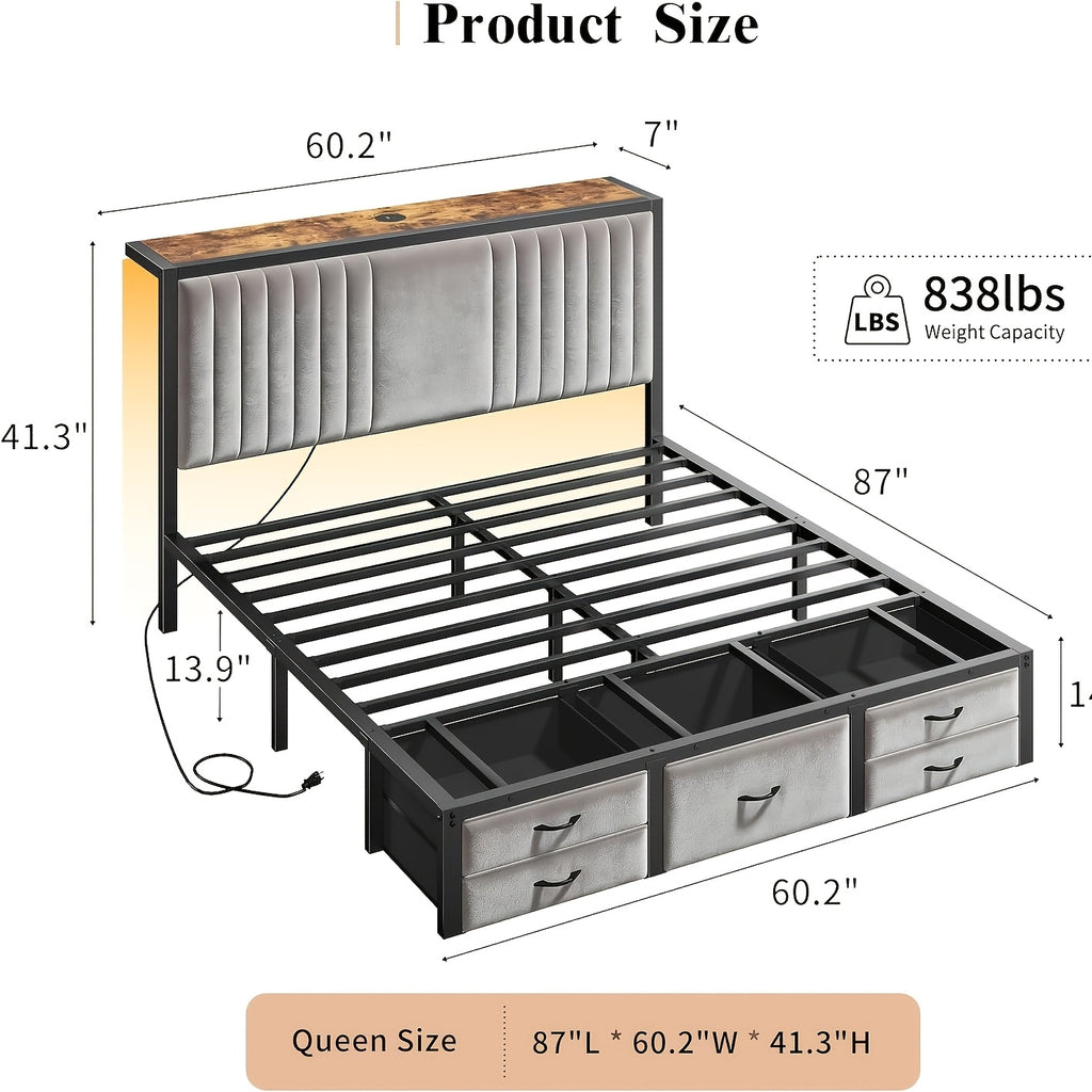 king queen full size velvet bed frame 5 storage drawers - Temu