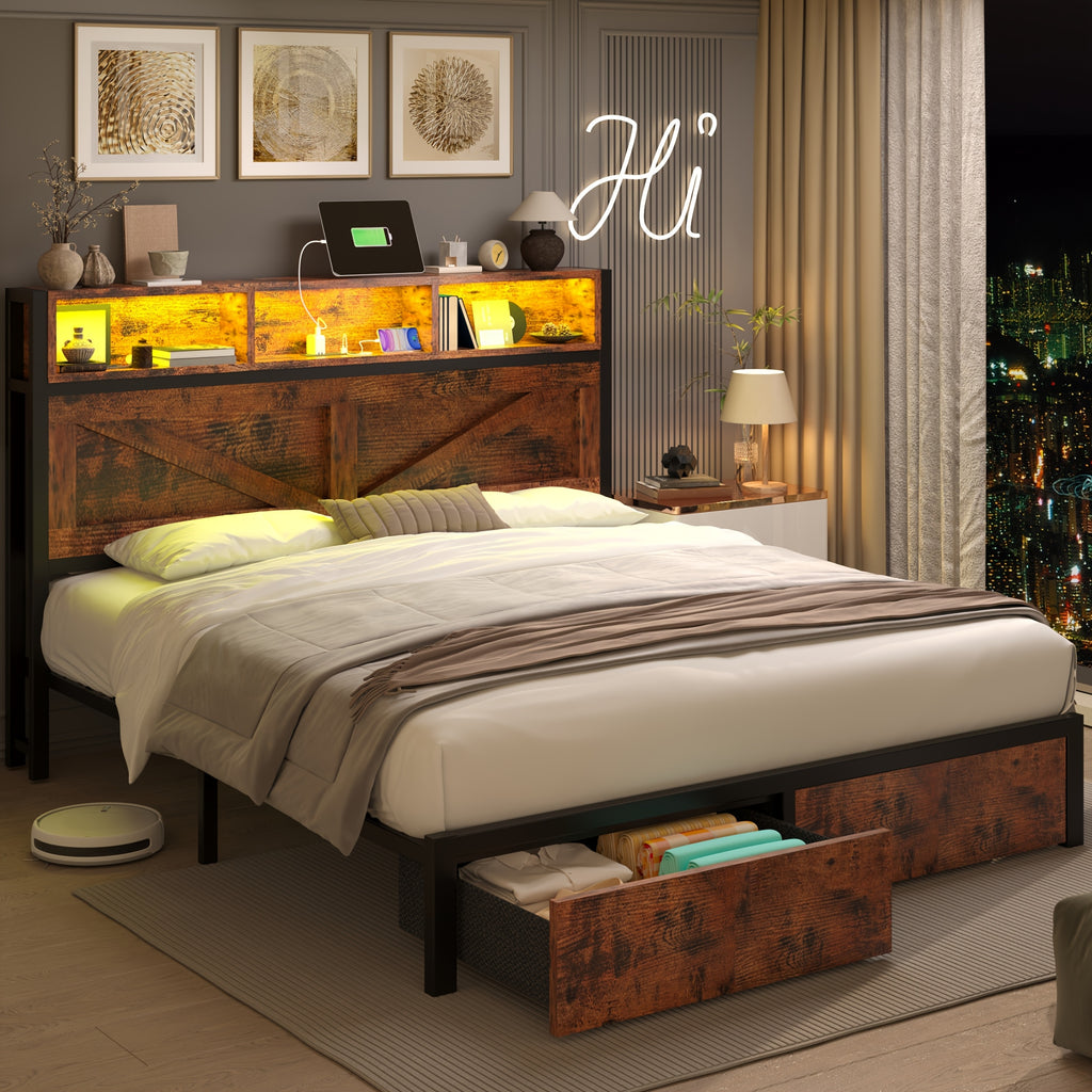 farmhouse bed frame bookcase headboard storage drawers no - Temu