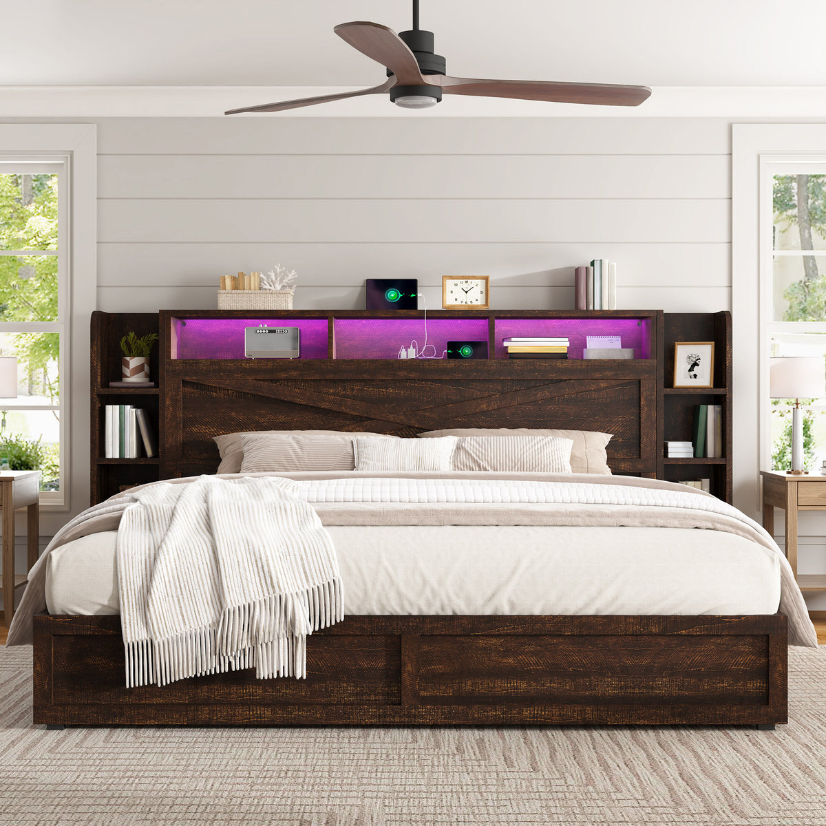 rustic farmhouse platform bed storage headboard - Temu