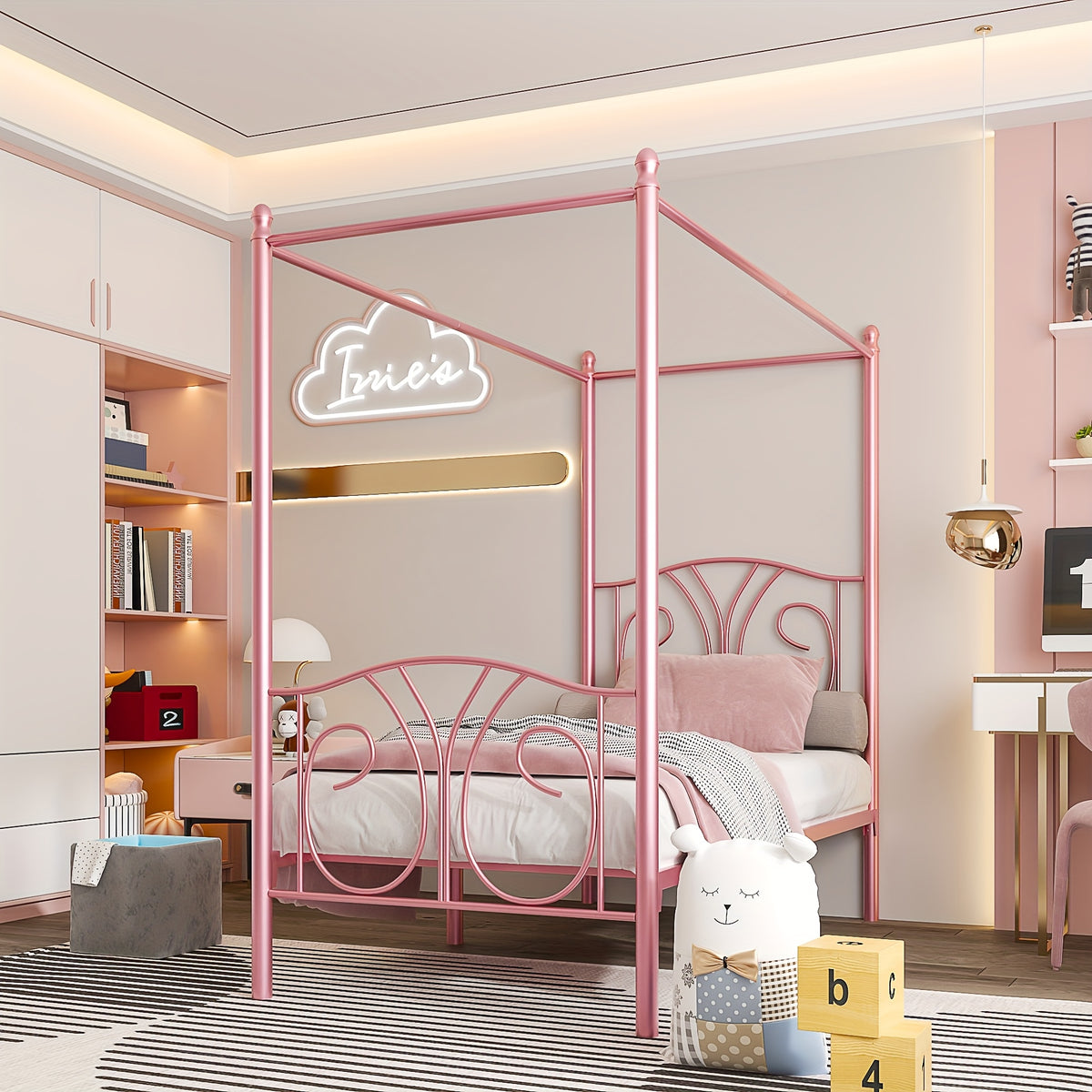 twin size canopy bed frame headboard footboard metal slats - Temu
