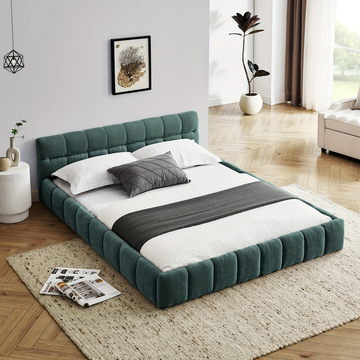 68 queen size modern bed cute puff grid pattern chenille - Temu