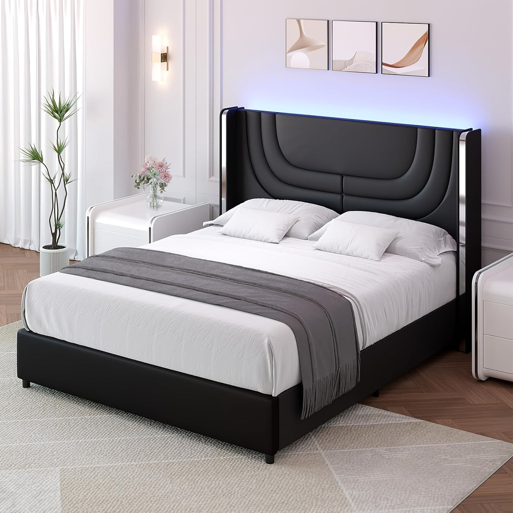 twin full queen size bed frame led lights faux leather - Temu