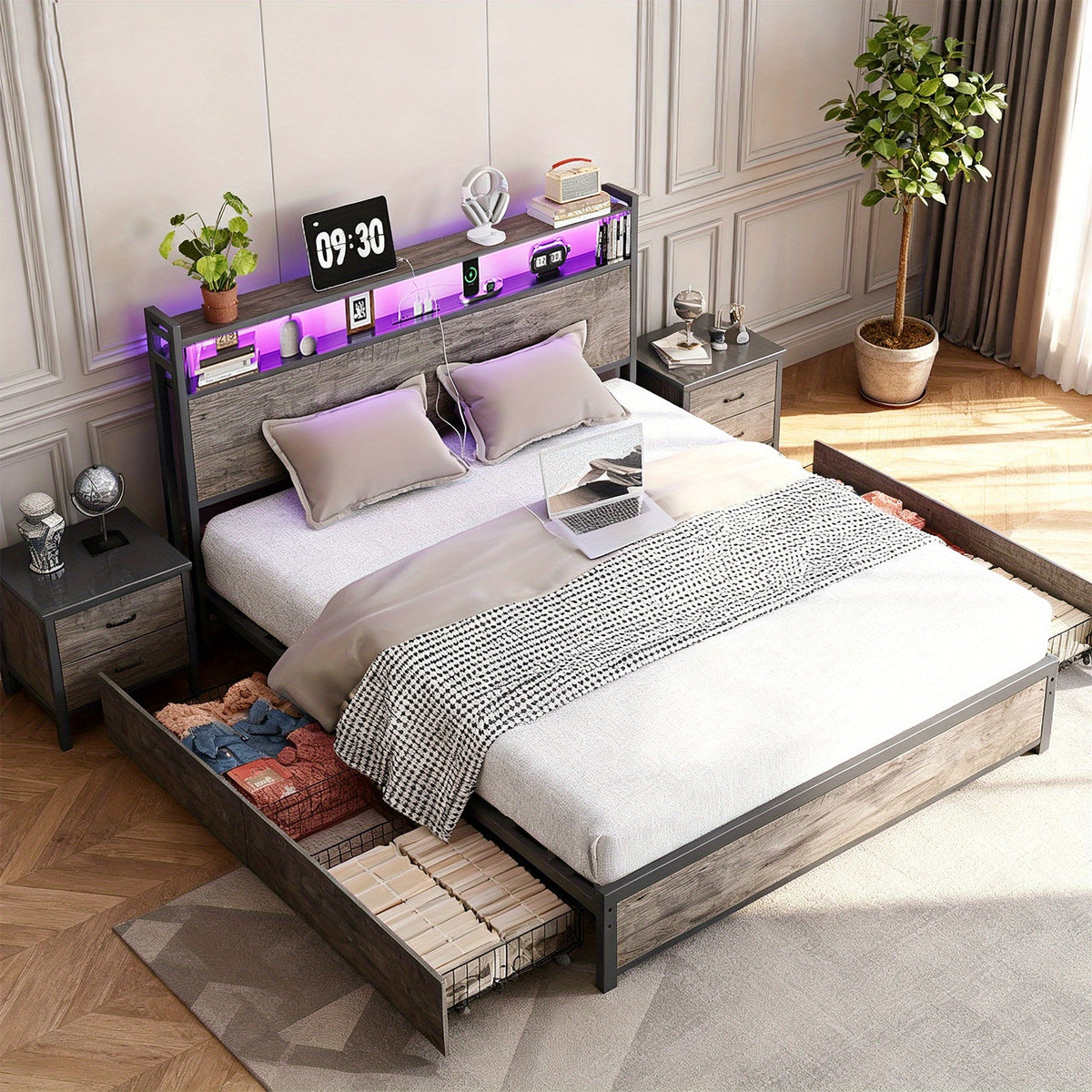 queen size bed frame storage headboard 4 drawers no - Temu