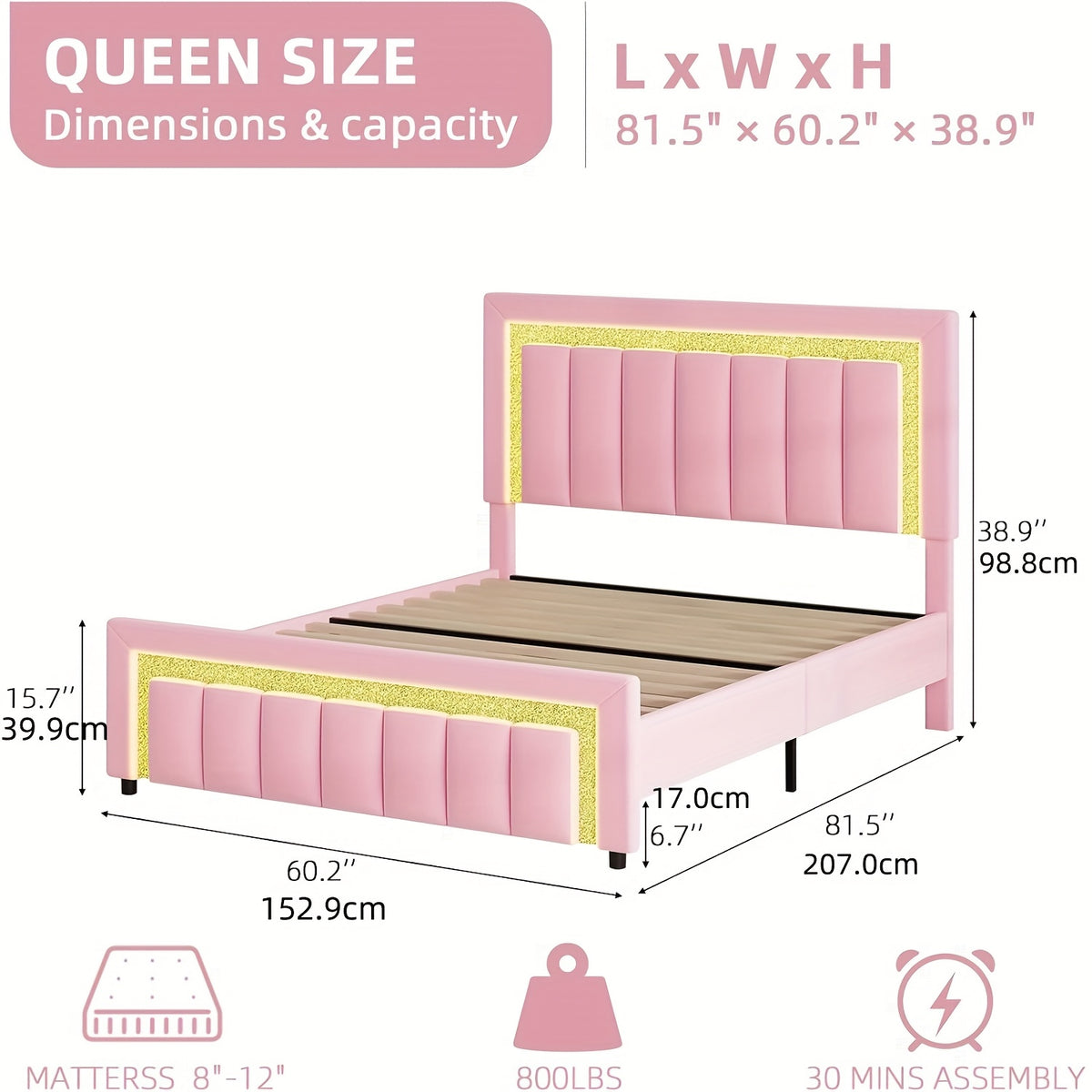 twin full bed frame led lights velvet upholstered headboard - Temu
