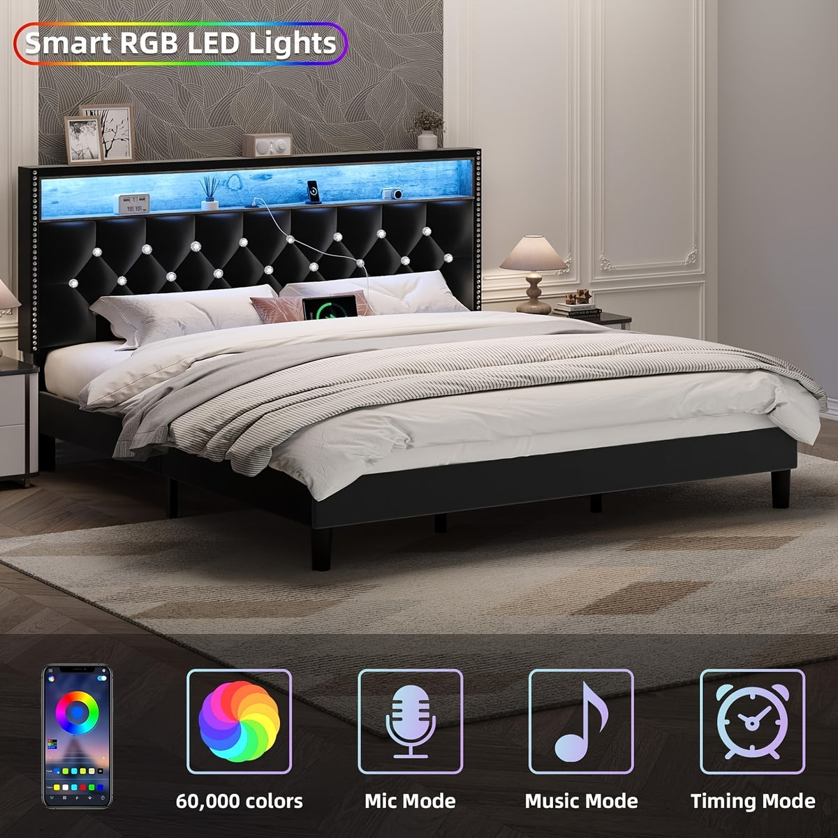 bed frame led lights velvet upholstered platform bed storage - Temu