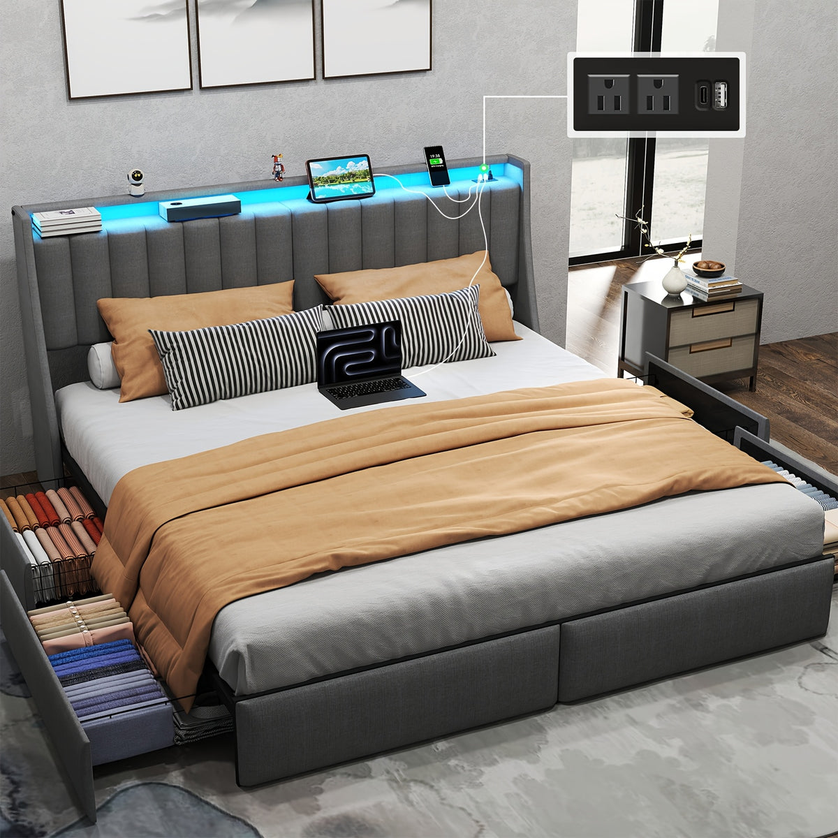 full queen king bed frame 2 storage drawers luxury wingback - Temu