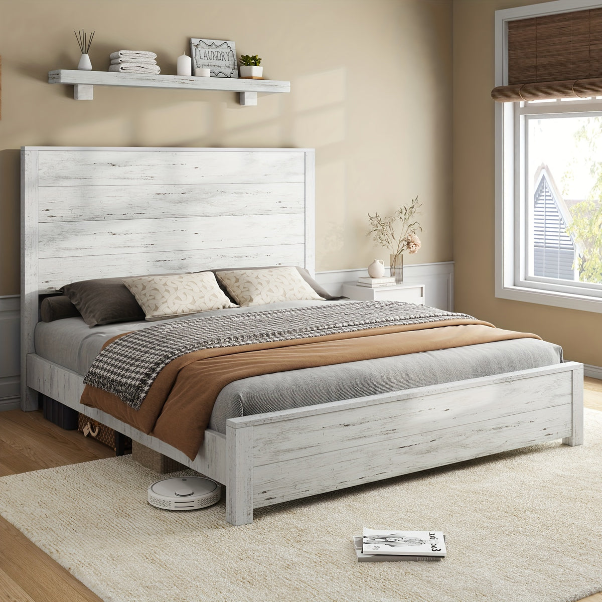 rustic solid wood platform bed frame spliced headboard noise - Temu