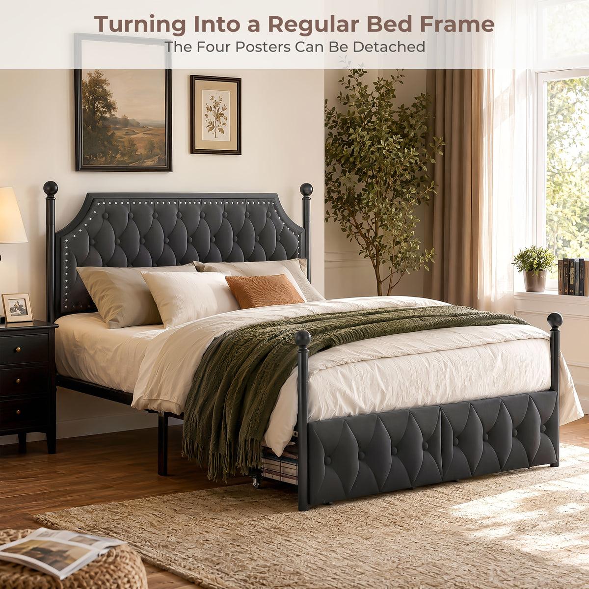 queen size canopy bed frame storage drawers upholstered - Temu