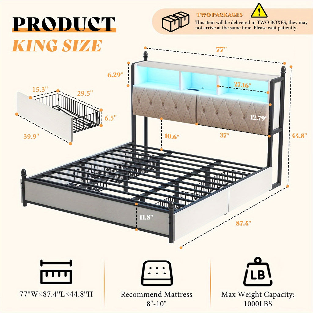wooden platform bed bookcase headboard 4 storage drawers - Temu