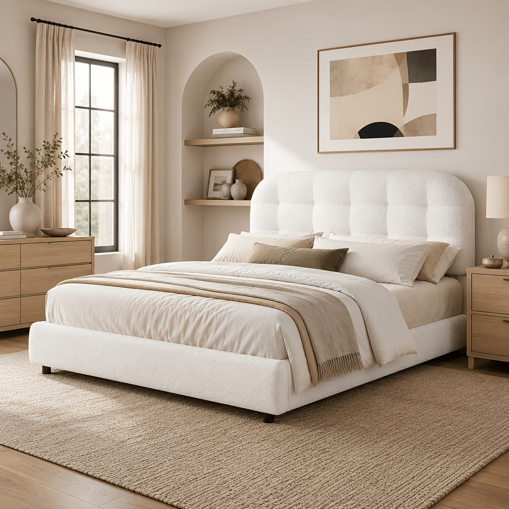 modern boucle upholstered platform bed frame curved cloud - Temu