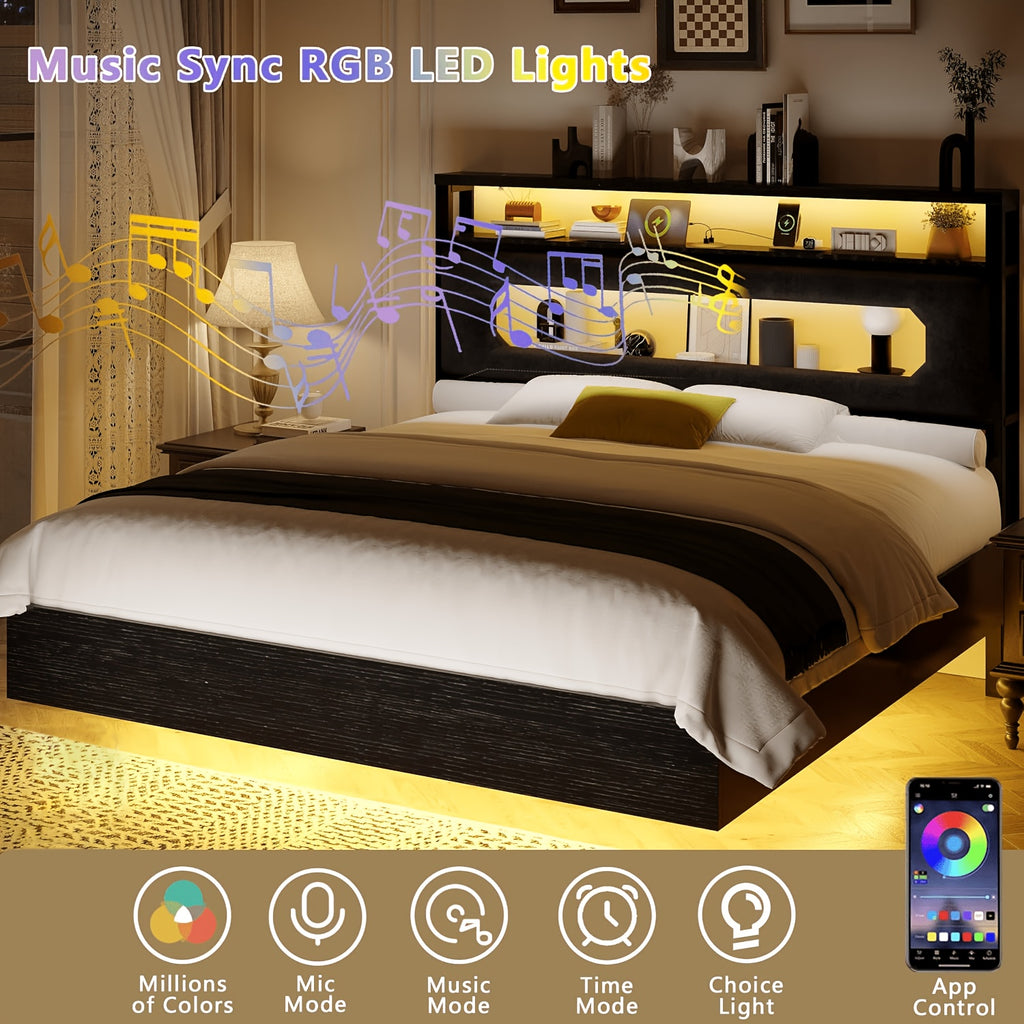 floating bed frame led lighting headboard built in storage - Temu