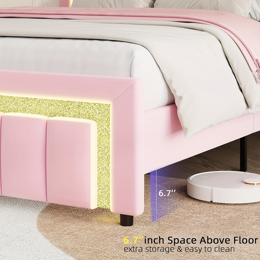 twin full bed frame led lights velvet upholstered headboard - Temu