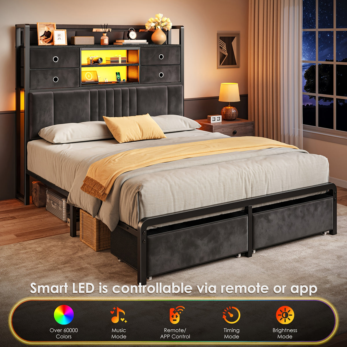 bed   drawers charging station upholstered - Temu