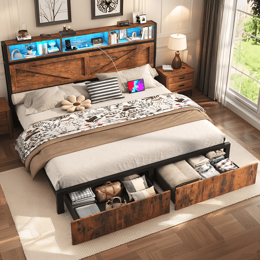 farmhouse bed frame storage headboard drawers led lights - Temu