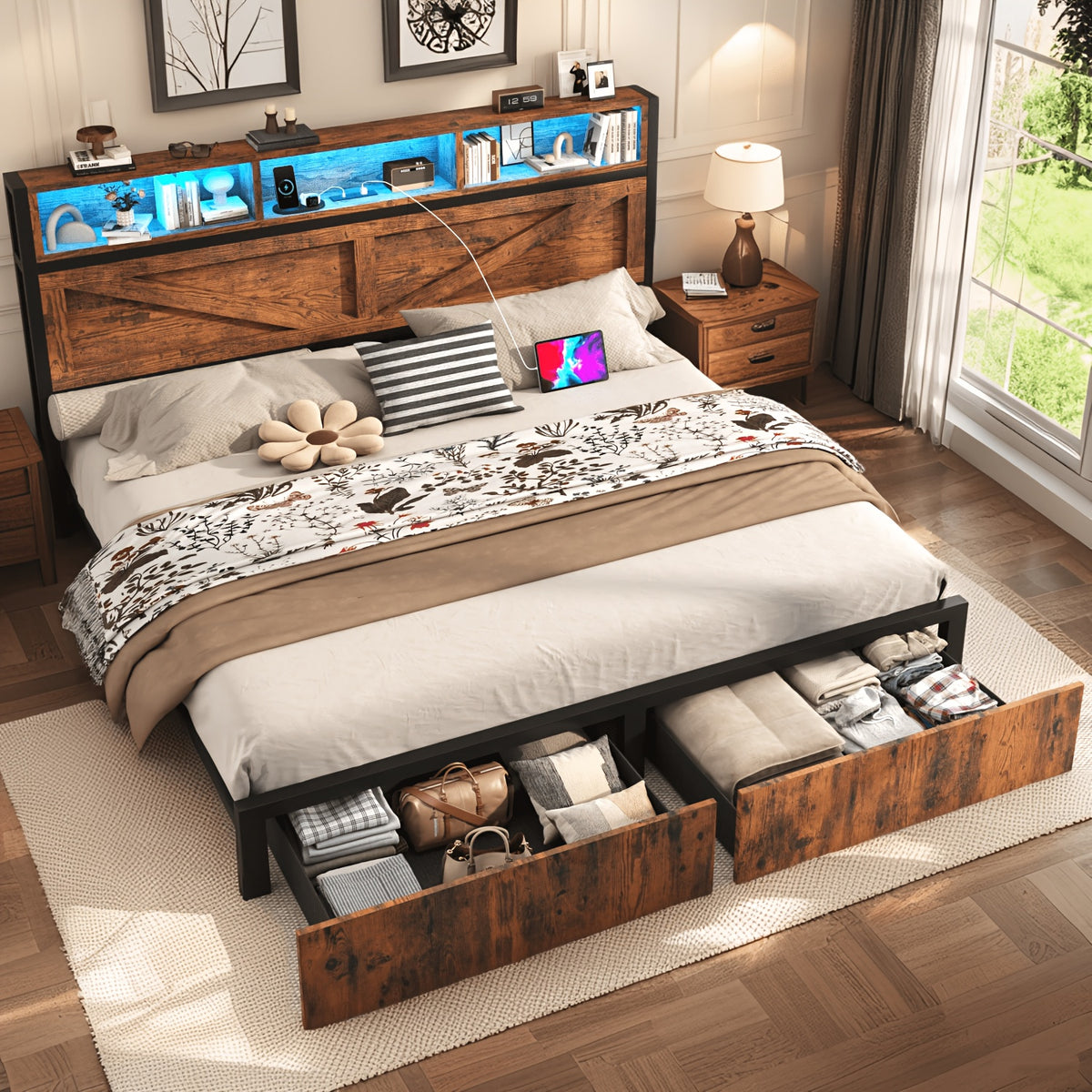 farmhouse bed frame storage headboard drawers led lights - Temu