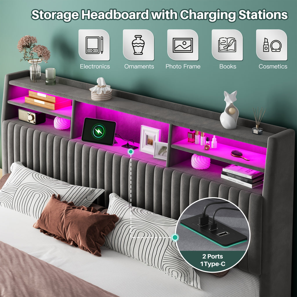 king size storage bed frame 2 tier shelf headboard led - Temu