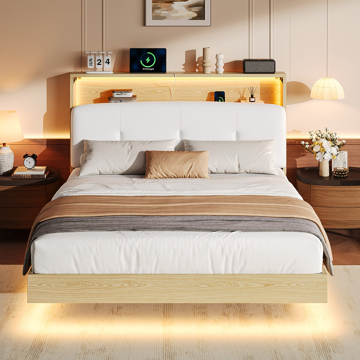 modern bed frame led lightings storage headboard - Temu
