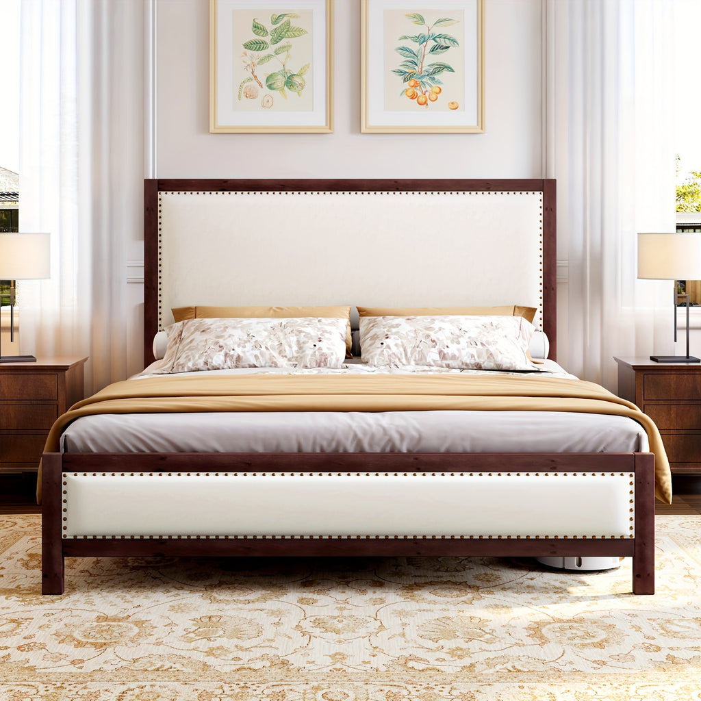 a platform bed featuring a sturdy wooden frame a linen - Temu