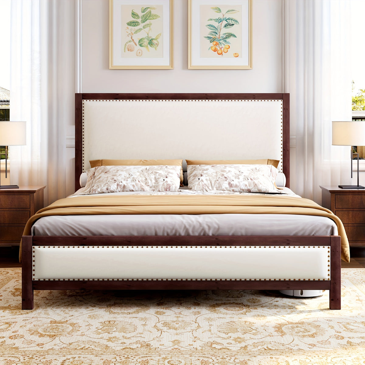 a platform bed featuring a sturdy wooden frame a linen - Temu