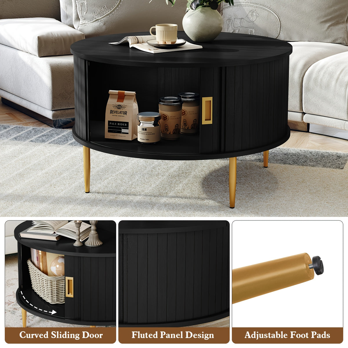 31 7 coffee table curved sliding door round coffee table - Temu