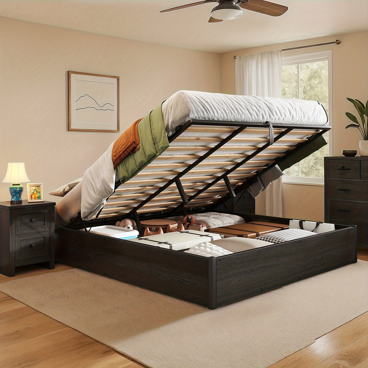 lift storage bed storage underneath wooden platform bed - Temu