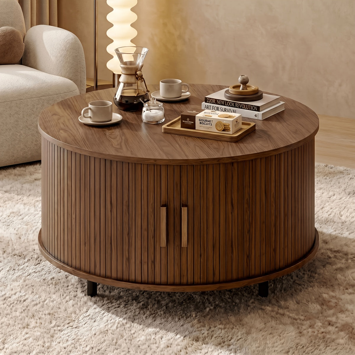 32 modern round coffee table sliding door storage wooden - Temu