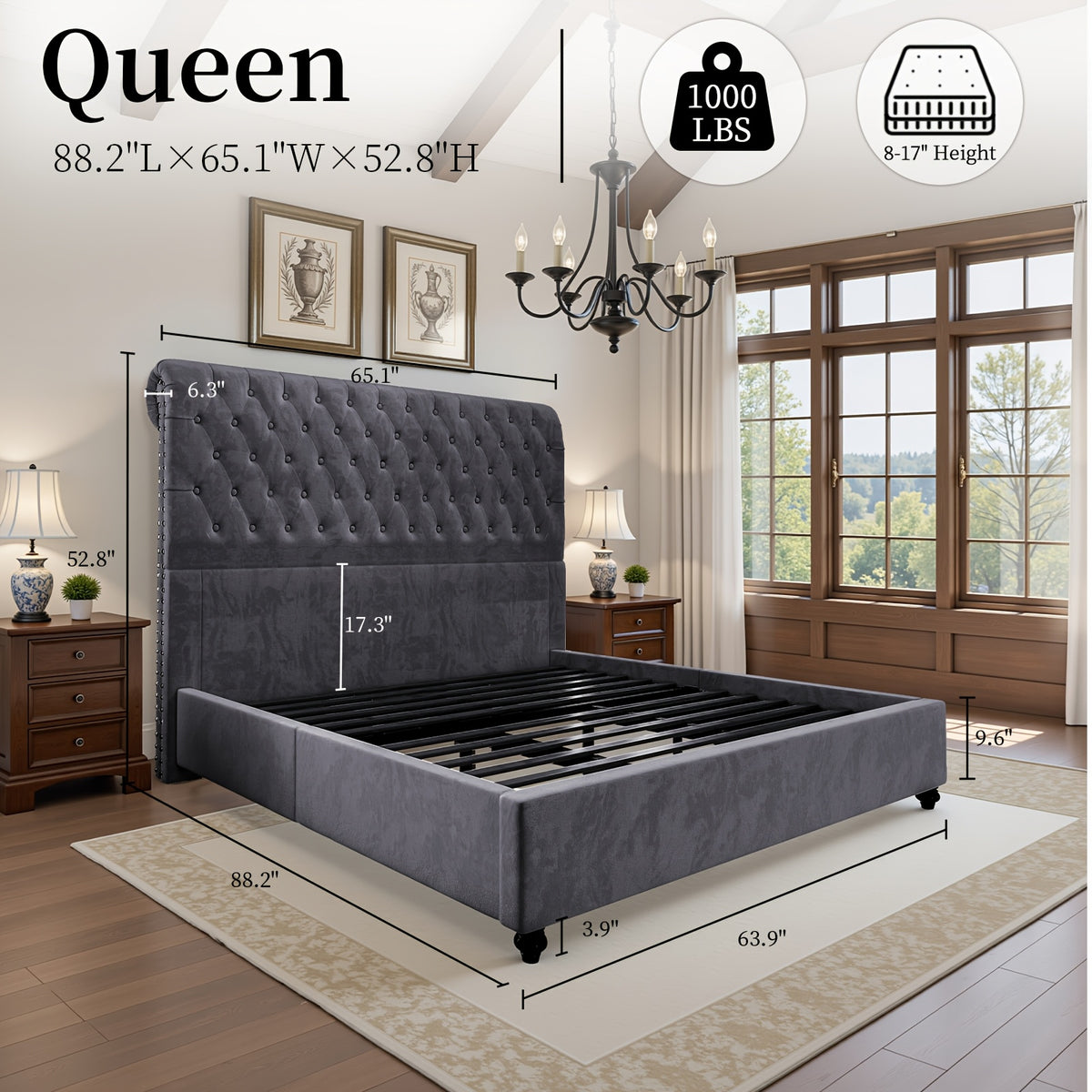 bed frame king queen size velvet tall headboard king - Temu