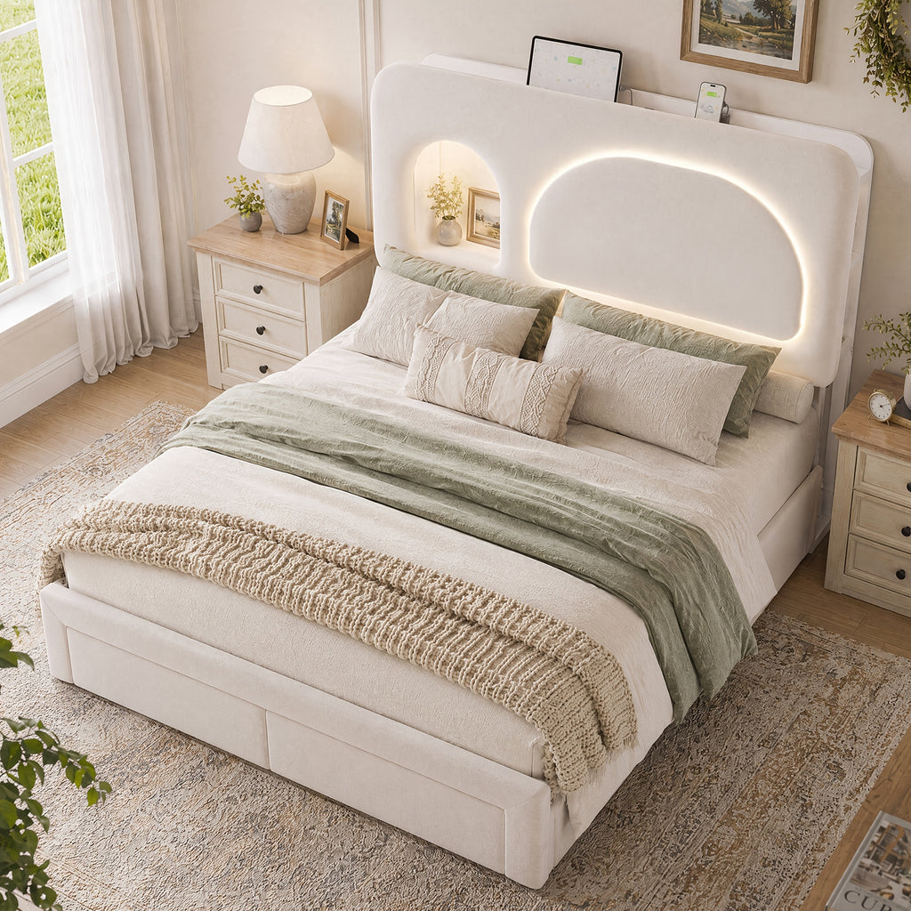 queen size led bed frame storage headboard drawers velvet - Temu