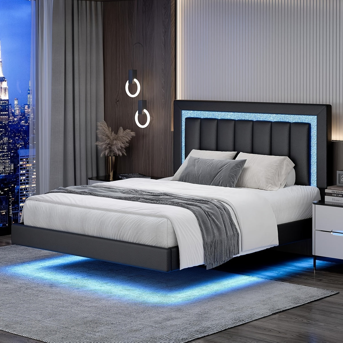 twin full queen smart led lights floating bed frame   - Temu