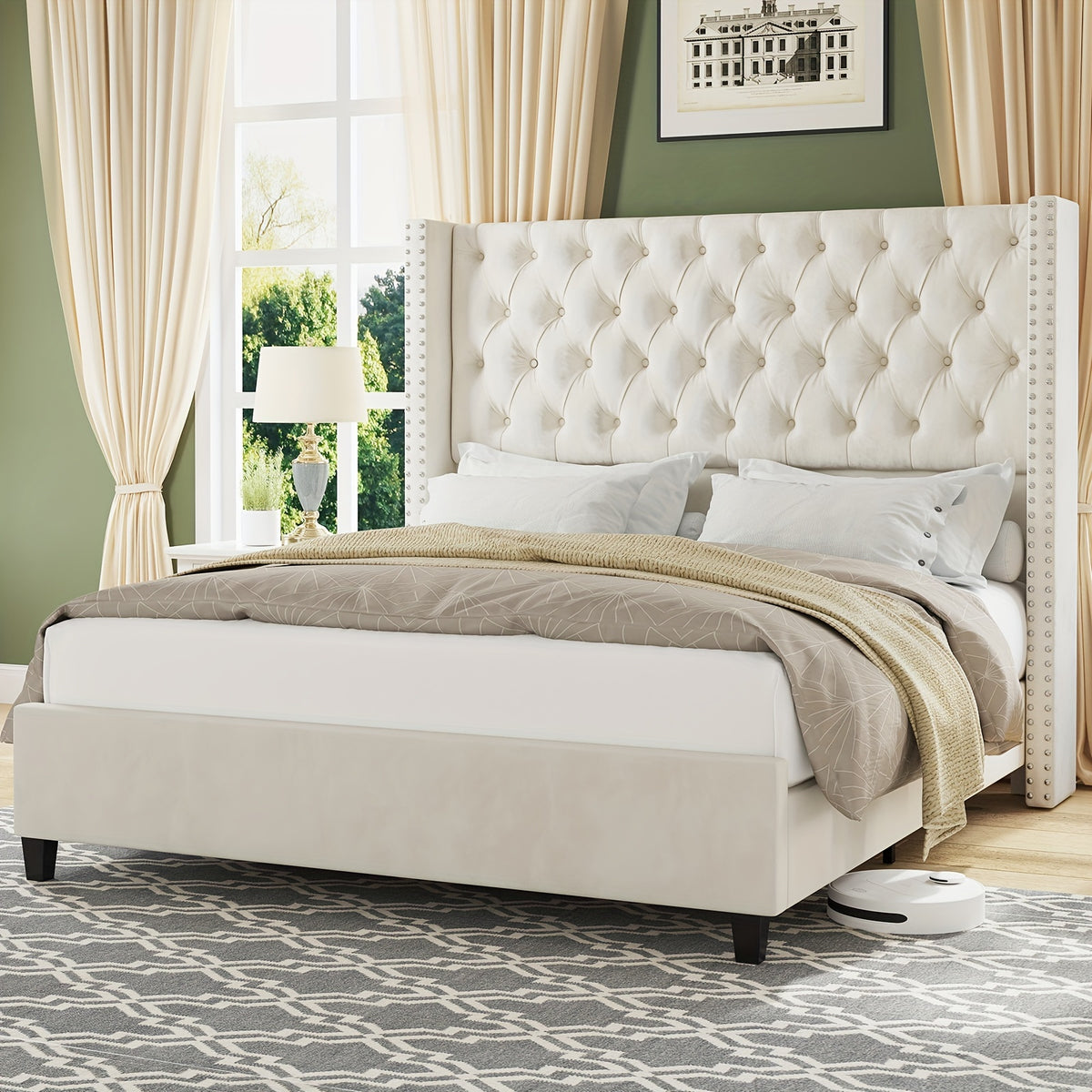 fabric bed   wingback headboard featuring - Temu