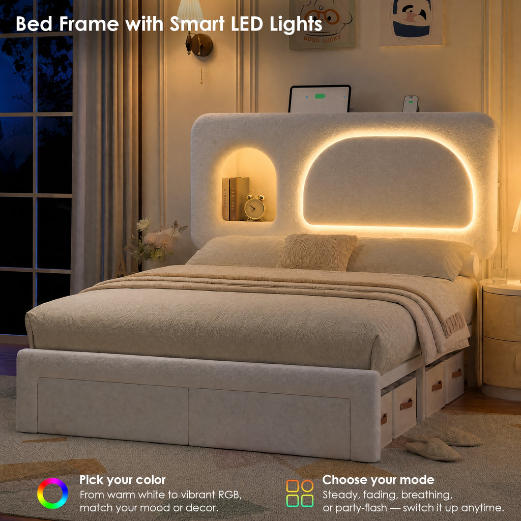 queen size led bed frame storage headboard drawers velvet - Temu