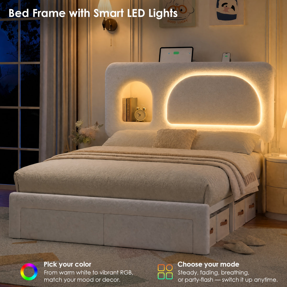 queen size led bed frame storage headboard drawers velvet - Temu