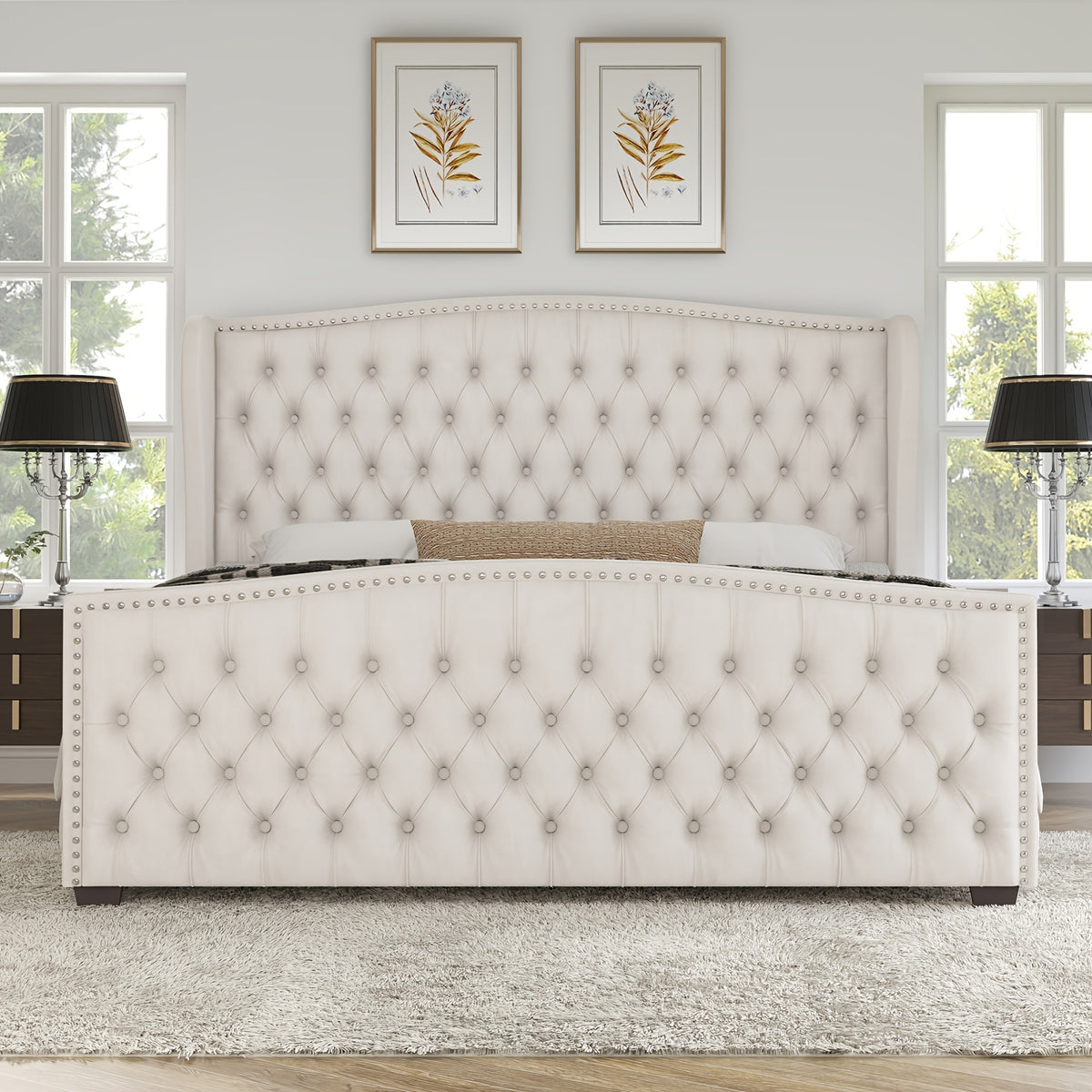 queen platform bed frame wingback headboard velvet - Temu