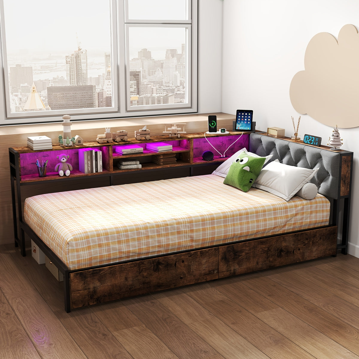 twin twin xl corner bed frame storage bookcase 2 drawers - Temu