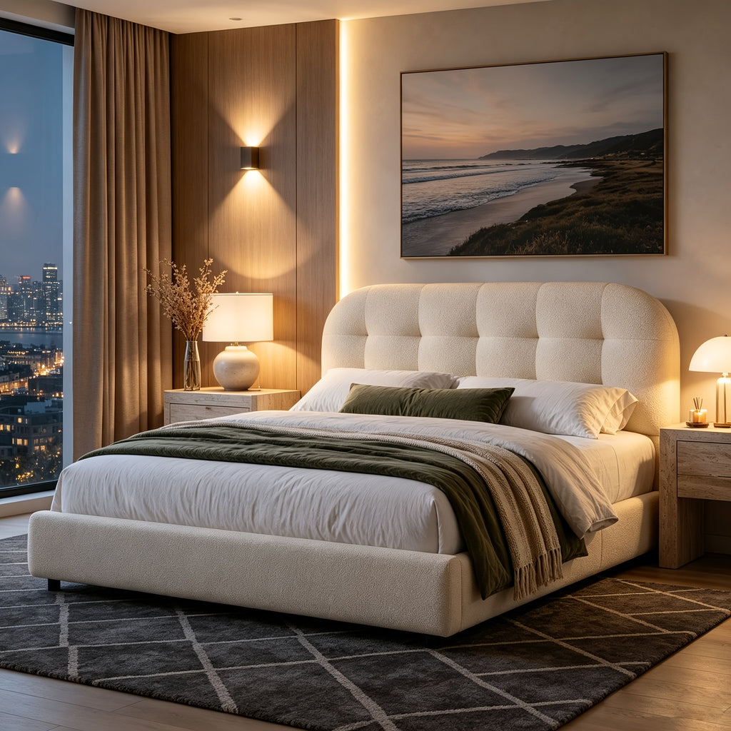 modern boucle upholstered platform bed frame curved cloud - Temu