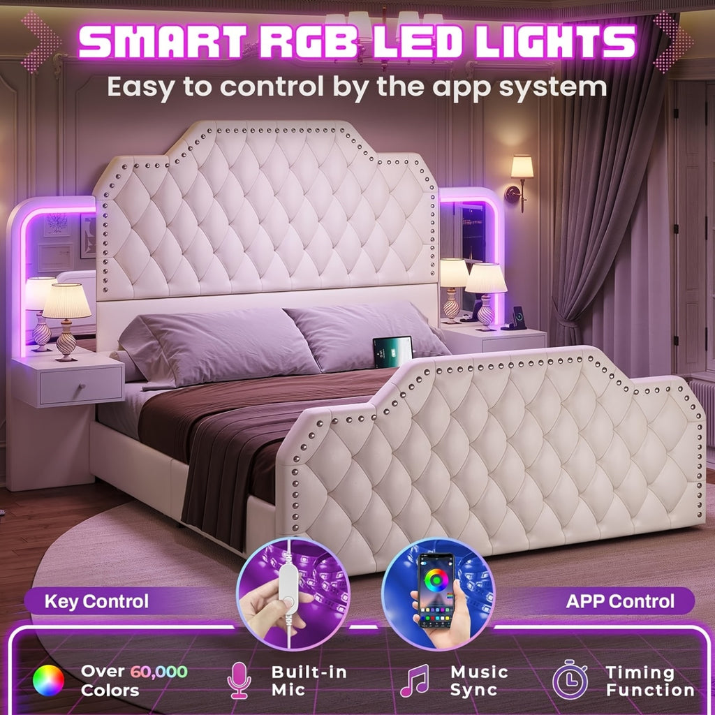 queen size bed frame 2 nightstands mirror modern platform - Temu