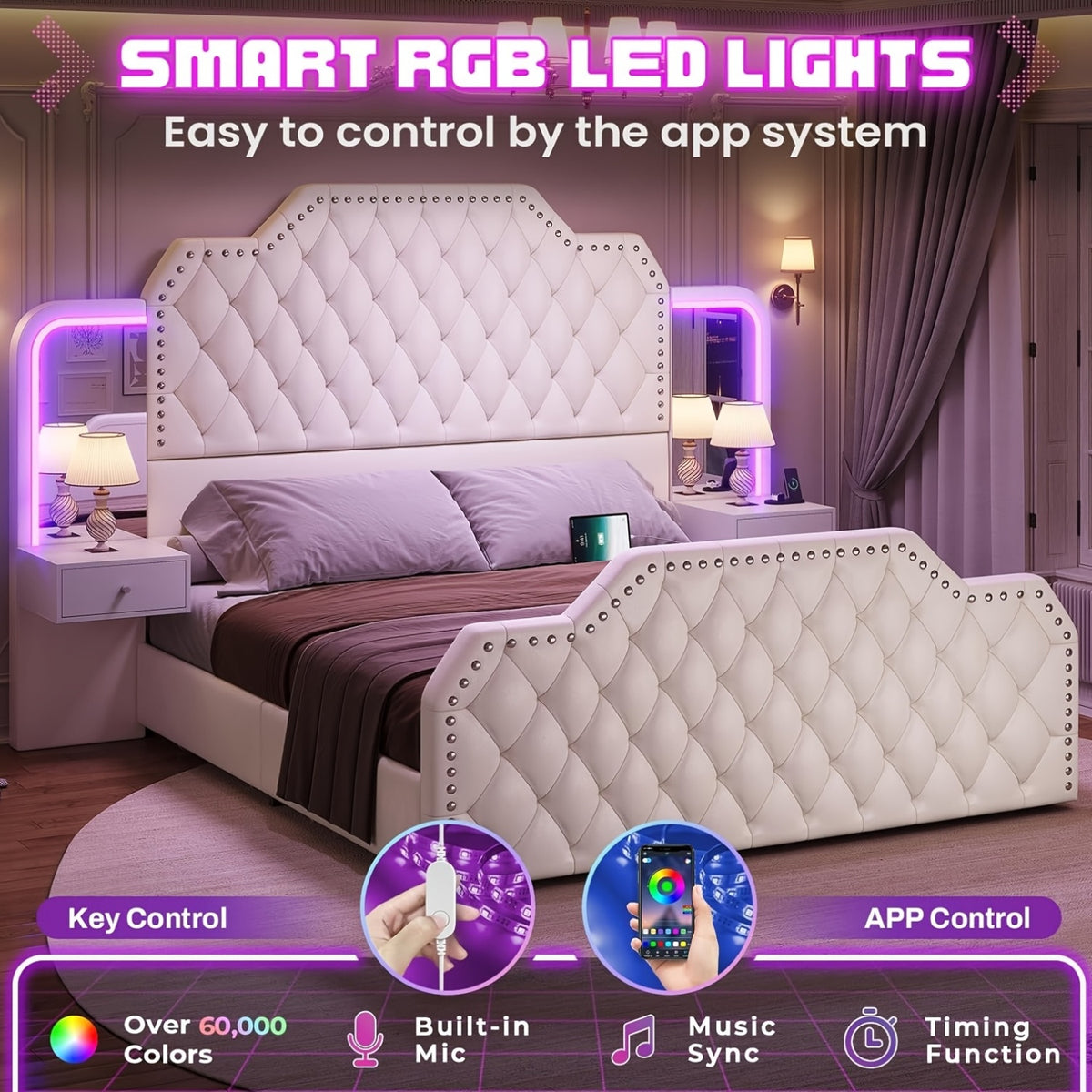 queen size bed frame 2 nightstands mirror modern platform - Temu