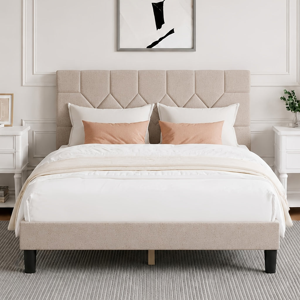 beige linen upholstered bed frame geometric tufted headboard - Temu
