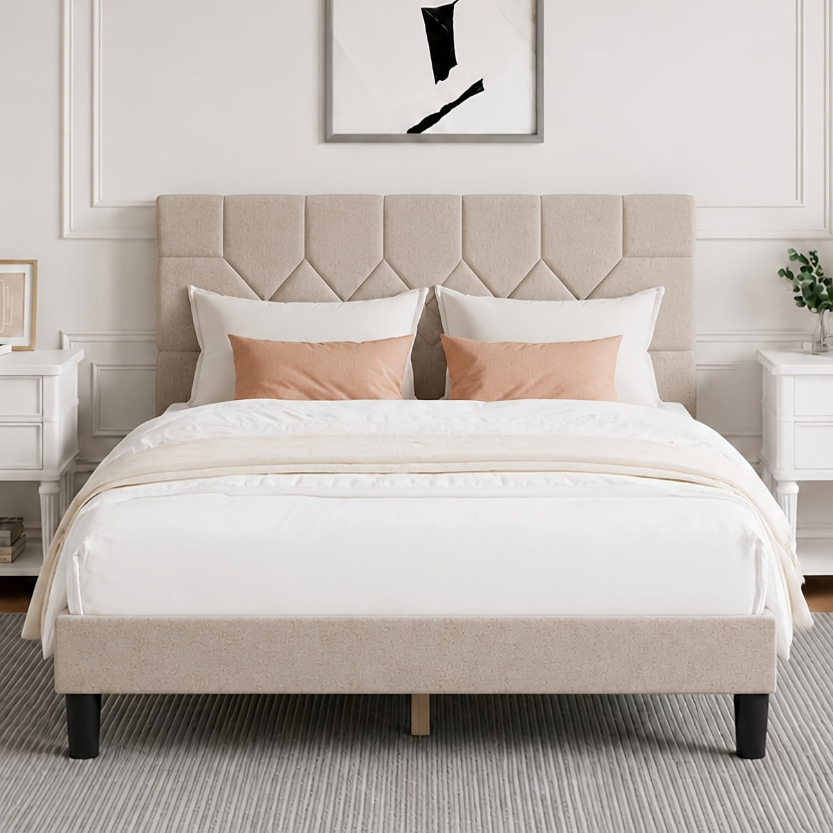 beige linen upholstered bed frame geometric tufted headboard - Temu