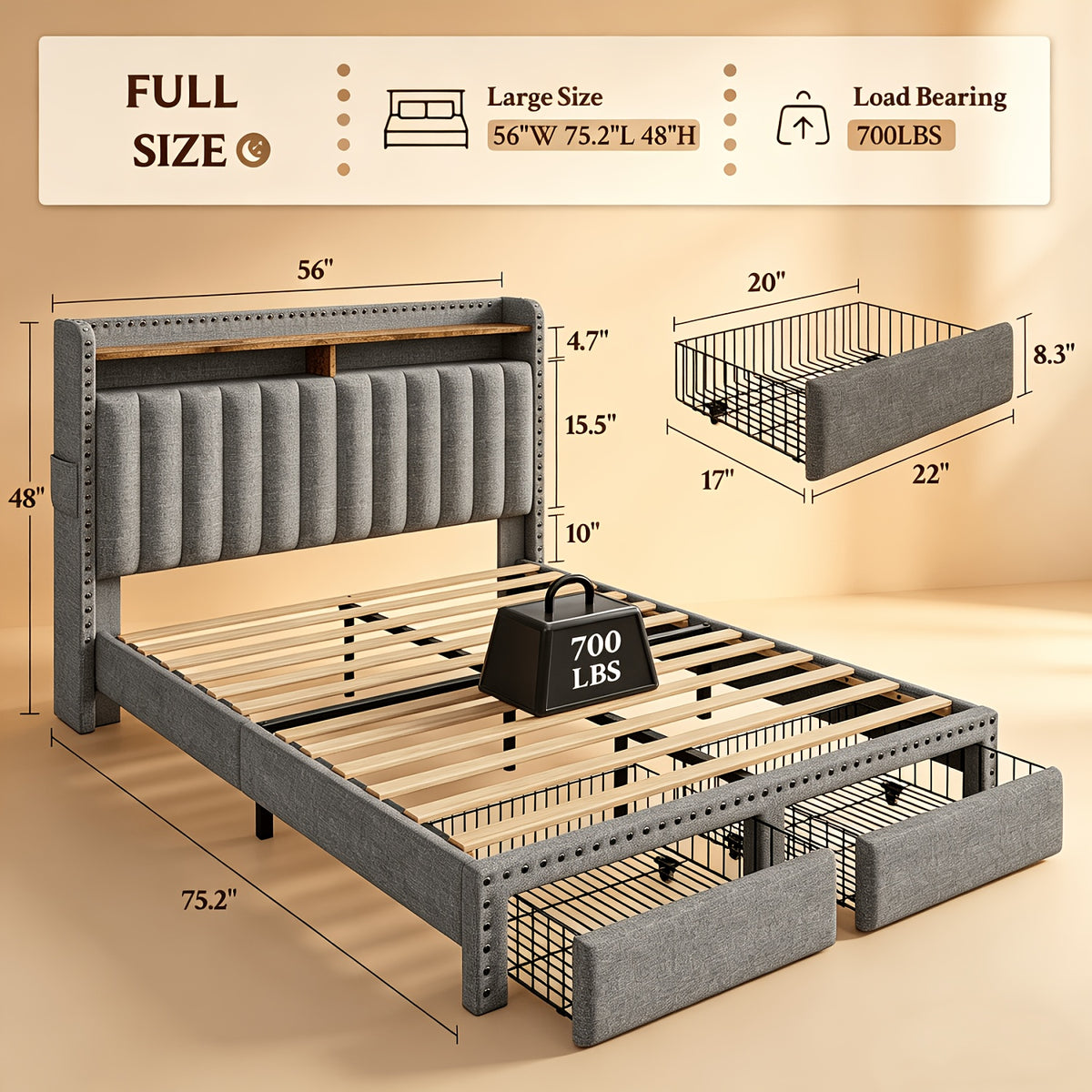 king size upholstered bed frame   2 underbed - Temu