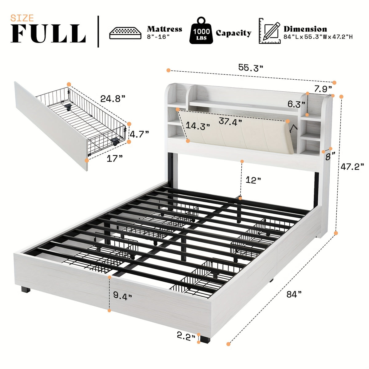 upholstered bed frame 4 storage drawers industrial bed frame - Temu